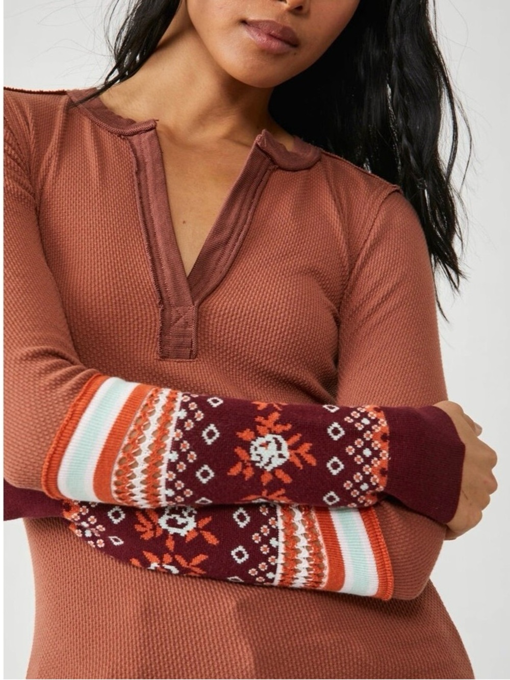NWT Free People Fair Isle Thermal Henley Boho Top